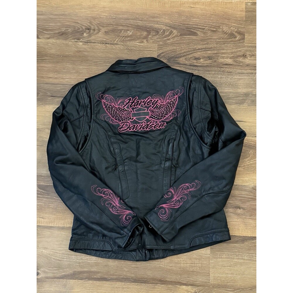 Women’s Harley Davidson Leather Angel Wings Bling Riding Jacket Size S Vintage